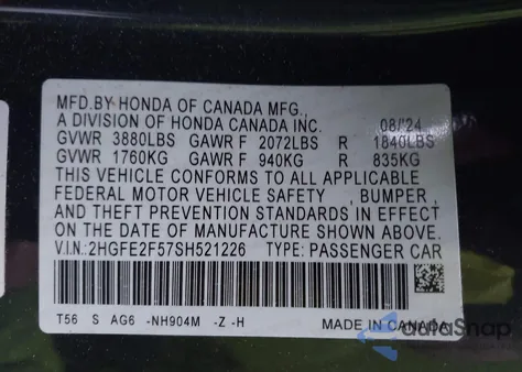 2025 Honda Civic Sport z USA, uszkodzony, nr VIN 2HGFE2F57SH521226